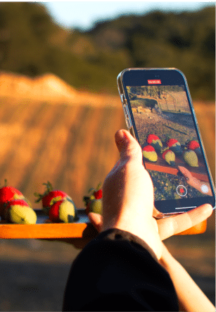 Someone holding a cell phone, taking a picture of strawberries on a wooden tray